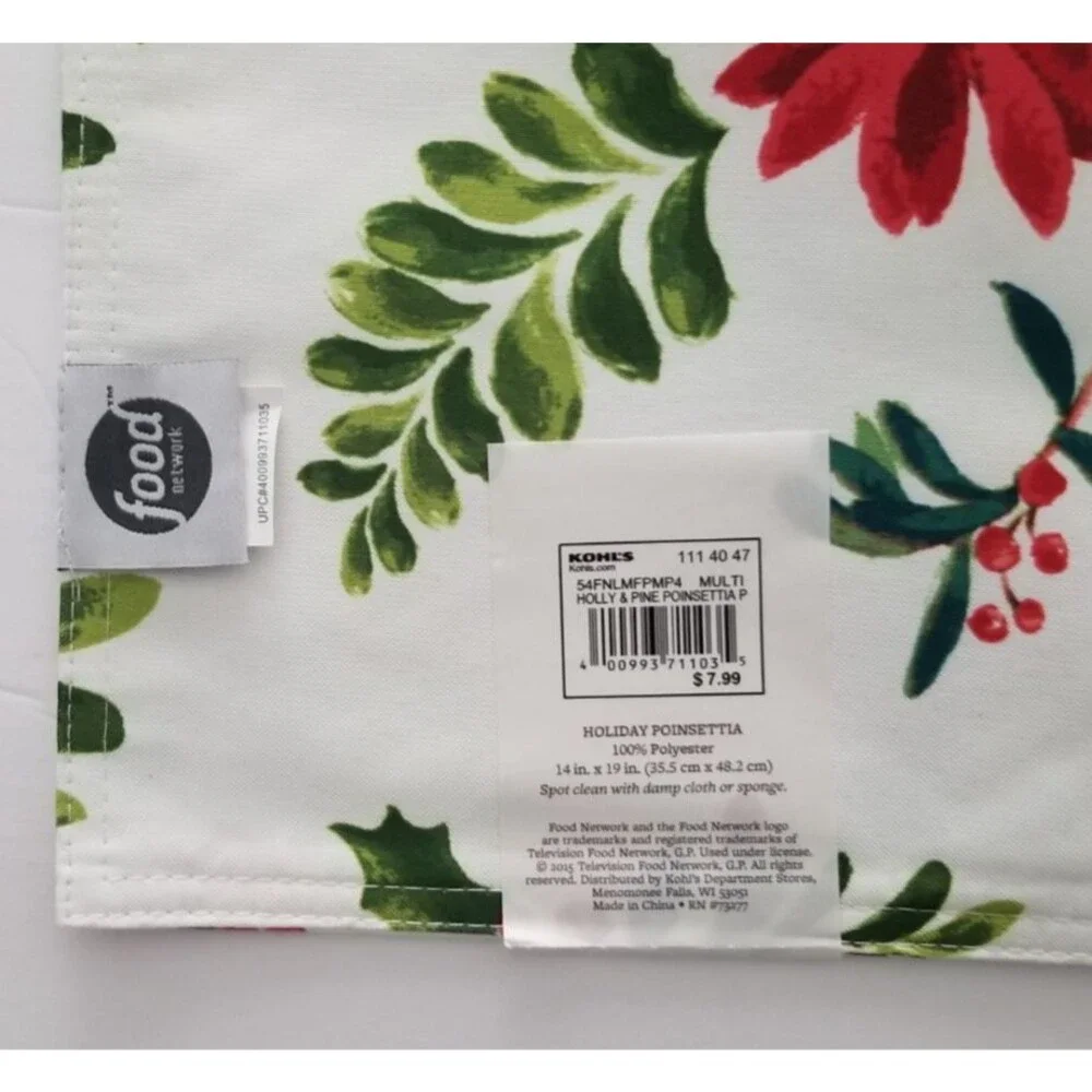 Food Network Placemats Stain-Resistant Holiday Poinsettias Set of 4 New Tags